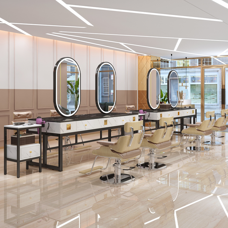 美发店镜台带灯双面大理石发廊专用一体网红烫染理发店桌子工作台