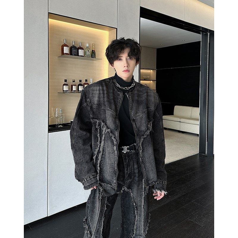 复古垫肩牛仔外套男宽松小众做旧毛边夹克百搭微喇裤子两件套装潮,男装,休闲运动套装,淘宝优惠券,粉丝福利购,淘宝优惠卷