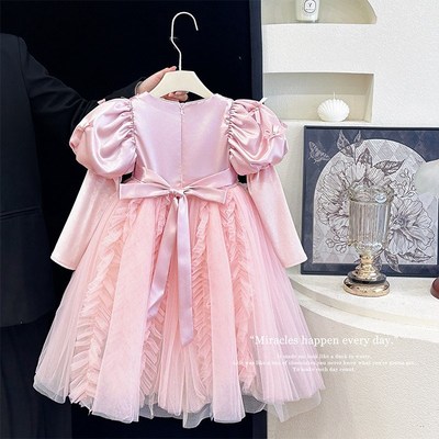 女童连衣裙春秋季2025新款洋气高端生日礼服公主裙儿童粉色蓬蓬裙