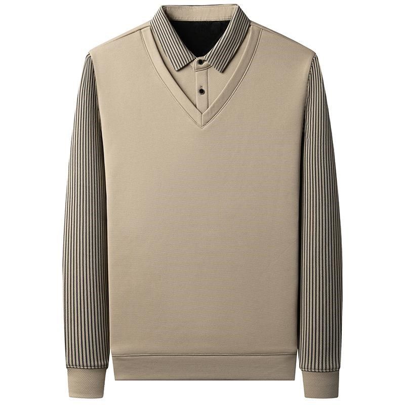 老爷车假两件针织衫男士冬季纯棉长袖t恤爸爸冬装加绒加厚打底衫