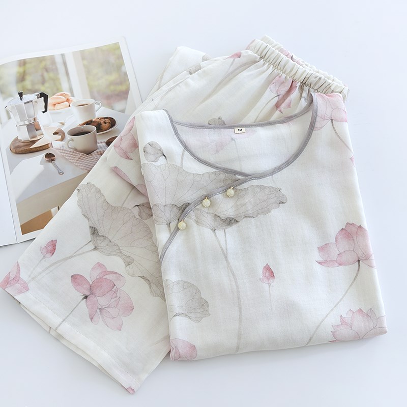 睡衣女复古国风春夏薄款纯棉纱布竹纤维清新休闲中式长袖长裤套装