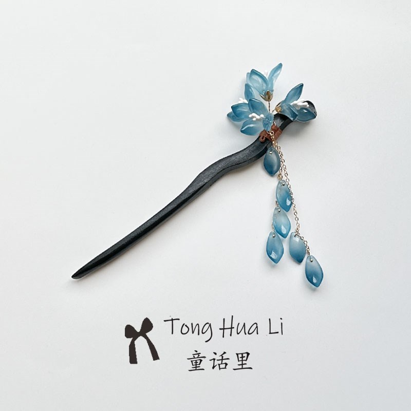 中国风蓝色花朵流苏发簪古风女童高级感步摇发钗中式簪子汉服头饰