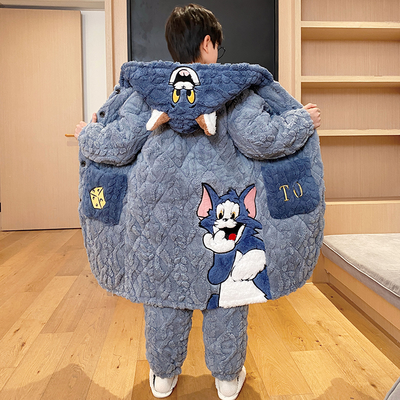 2024冬季儿童男孩睡衣珊瑚绒加厚中长款三层夹棉男童法兰绒家居服