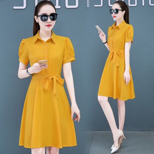 红色连衣裙黄色女网红秋流行短袖 女装 裙子潮 2019年春秋冬新款 秋装