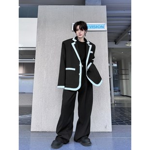 高级感黑白拼接廓形翻领垫肩西服套装男休闲气质阔腿垂感西装长裤