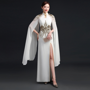 2021新中国风年会晚礼服优雅长款 鱼尾开叉走秀舞台演出服简约白色