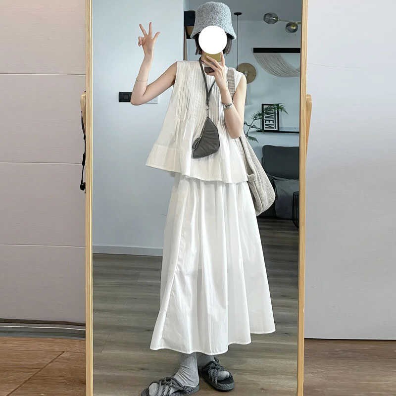 夏季女新款白色无袖背心上衣半身裙两件套装中长衬衫宽松休闲初恋