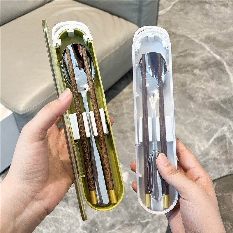 鸡翅木筷子勺子套装学生上学专用不锈钢外带便携餐具收纳盒三件套,餐饮具,便携/折叠餐具,淘宝优惠券,粉丝福利购,淘宝优惠卷
