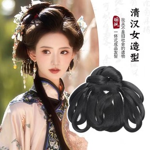 清汉女古装汉服假发古风发髻一体式懒人盘发发型日常清朝头饰发包