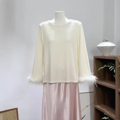 新中式国风基础款丝绒鸵鸟毛衬衫圆领显瘦百搭宽松喇叭袖打底衫