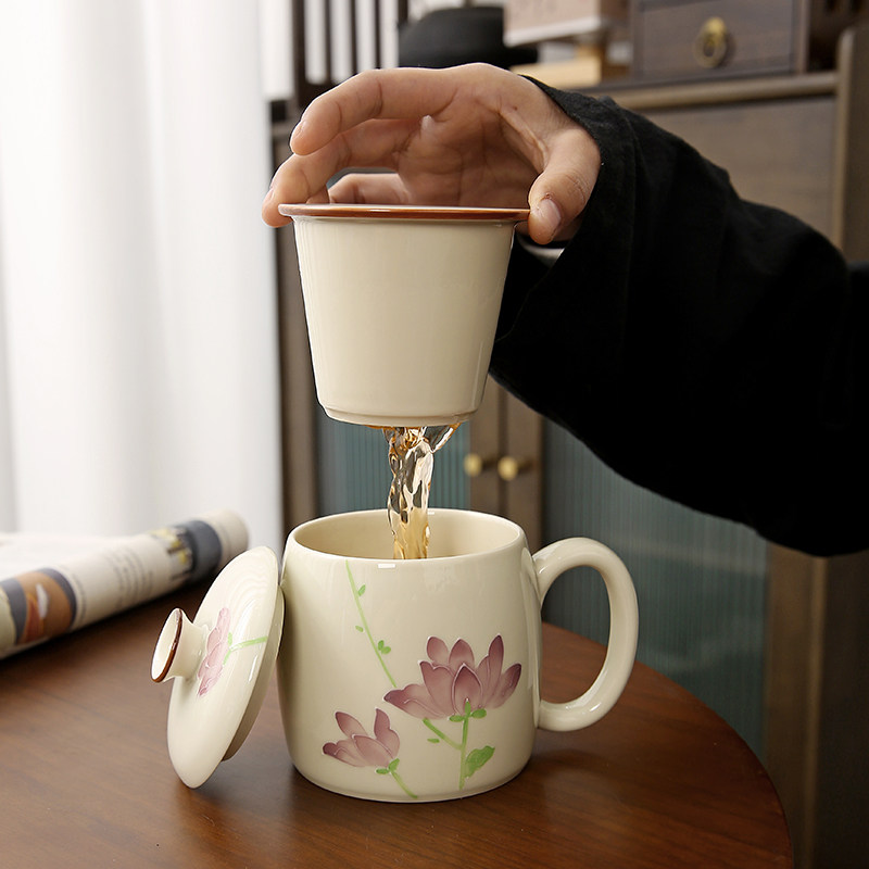 陶瓷浮雕手绘茶水分离杯泡茶杯女生个人专用办公带过滤水杯釉下彩