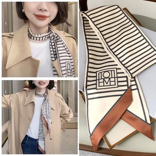 大洪洪同款丝巾小长条条纹搭配衬衫高级感女春秋款洋气时尚绑包包