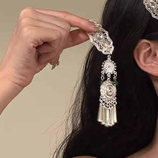 一步一响~复古仿苗银小众民族风女银色流苏发夹新中式设计感发饰