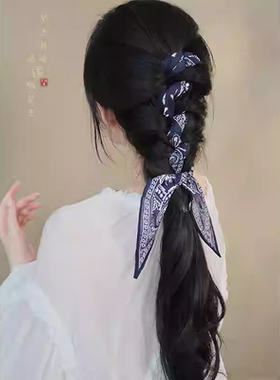 娜扎同款蓝色腰果花绑发长条丝巾发带复古编发新款日常外戴发饰女