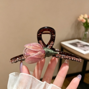 春夏新款郁金香花抓夹女超仙镶钻全盘发夹高级感后脑勺鲨鱼夹头饰