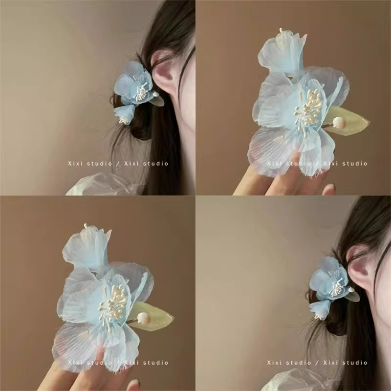 超仙森系蓝绢纱花朵汉服刘海夹
