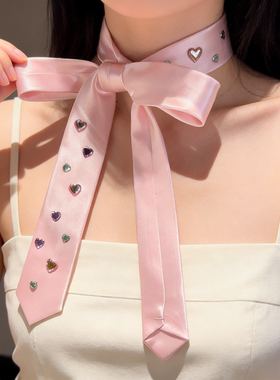 名狐个性甜心粉爱心水钻领带女时髦y2k细窄丝巾亮闪闪辣妹腰带潮