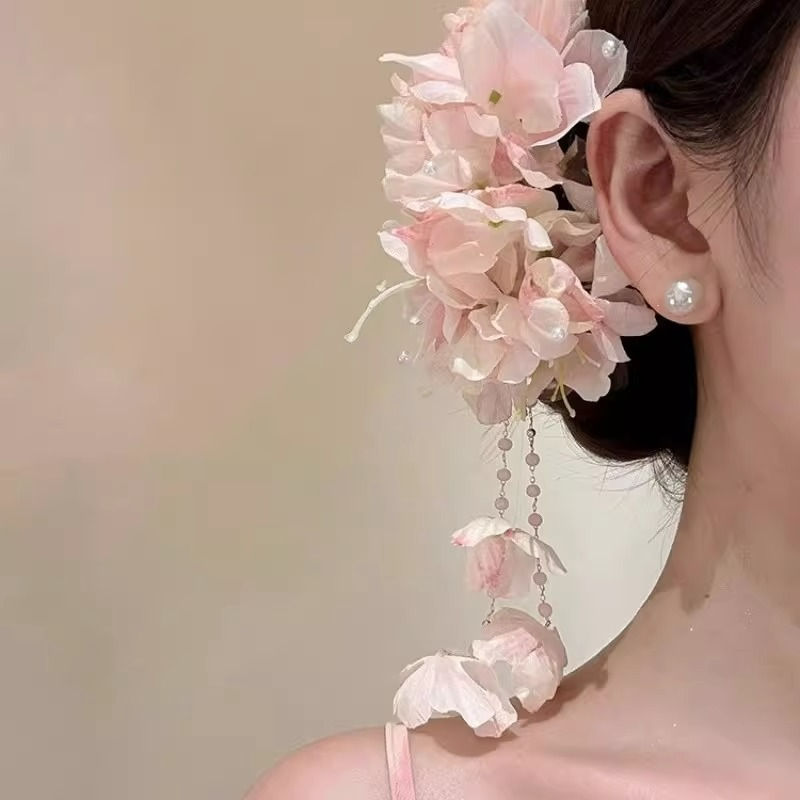 海棠依旧唯美粉色花朵流苏发夹超美气质女夏季度假拍照氛围感发饰