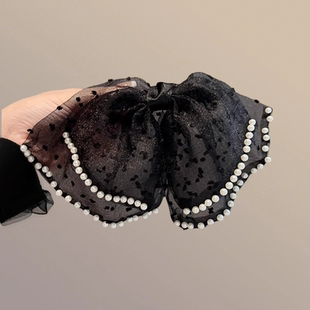 网红珍珠网纱发饰高级感网纱蝴蝶结头饰发夹弹簧夹头顶夹仙气飘飘