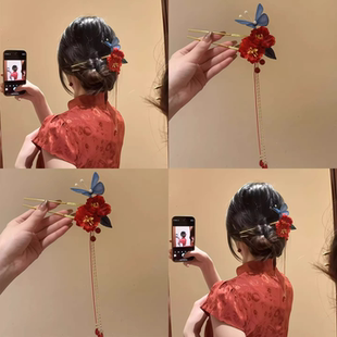 红梅映雪!新中式旗袍头饰发簪红色花发夹敬酒服订婚发饰发钗拎环