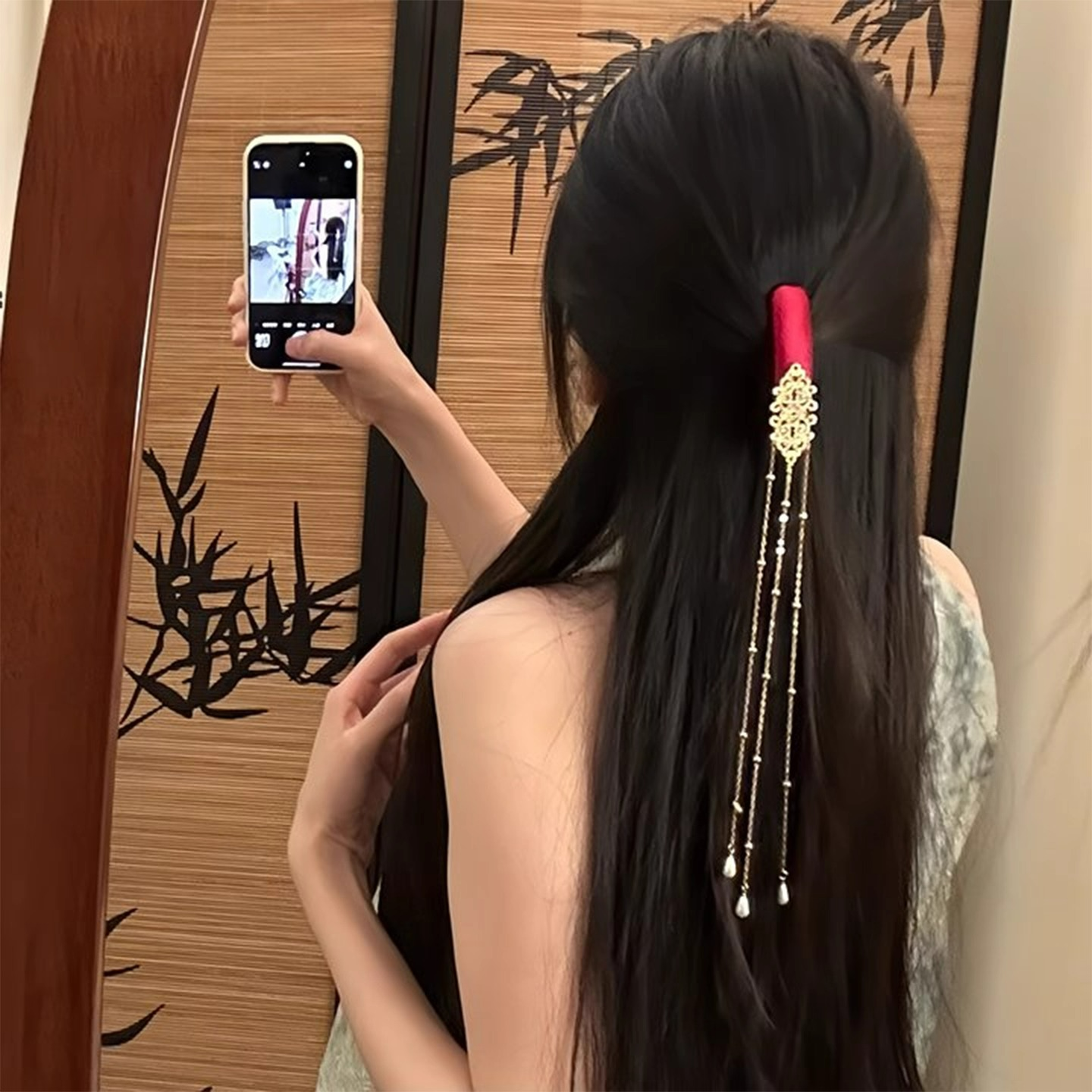 「红鸾天禧」新中式红色流苏发夹女半扎发饰国风新年头饰