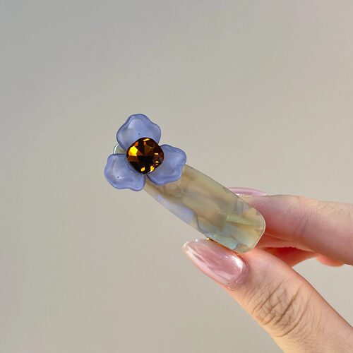 复古雾蓝花朵醋酸水钻刘海夹