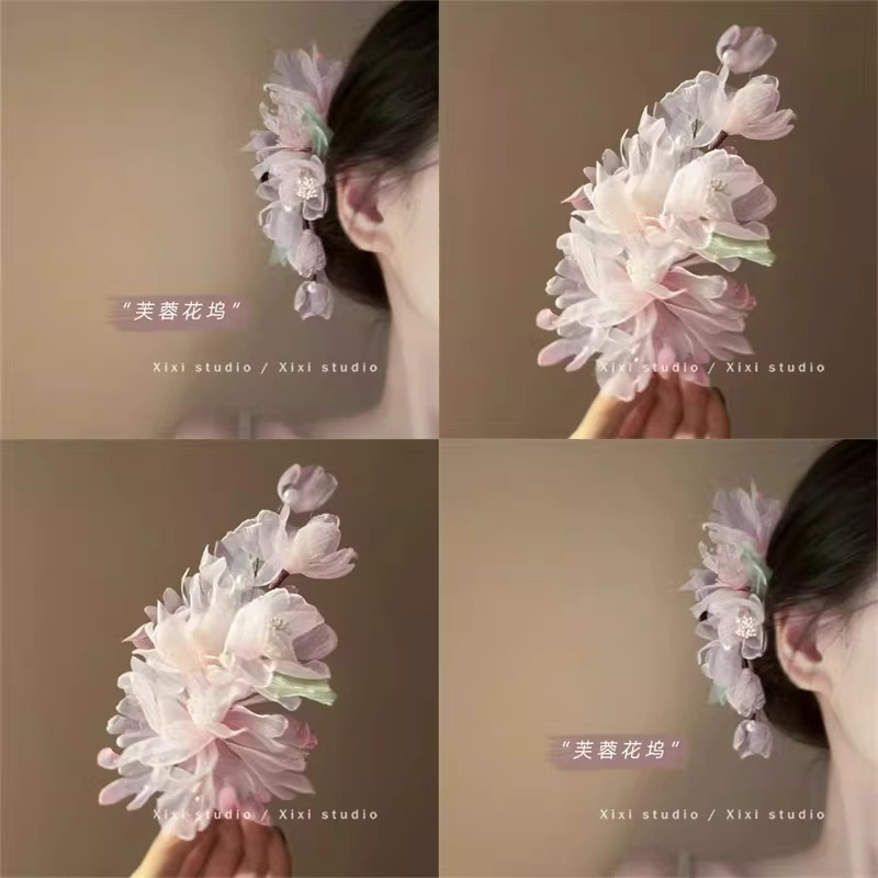 纯欲粉！超仙日常绢纱花朵发夹！时尚侧边夹盘发器宫廷风汉服配饰