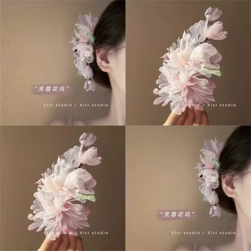 纯欲粉宫廷风绢纱花朵发夹汉服