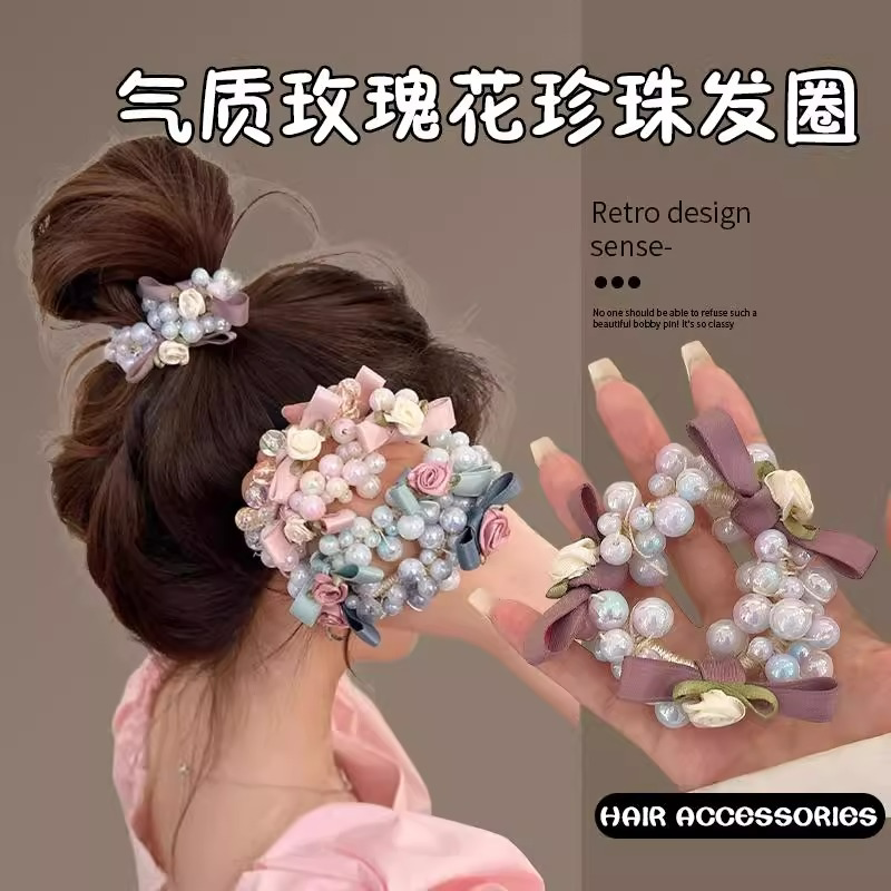 韩系小清新玫瑰珍珠蝴蝶结发圈