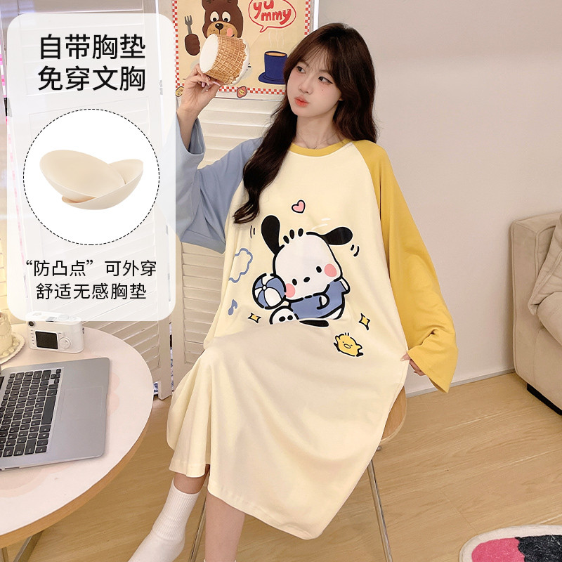 2024新款春秋冬季带胸垫睡裙女生长袖纯棉卡通可爱家居服大码睡衣