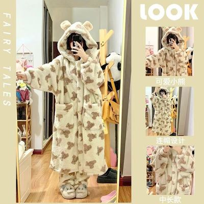 小熊冬季珊瑚绒新款睡袍加厚加绒卡通可爱睡衣女生秋冬家居服套装