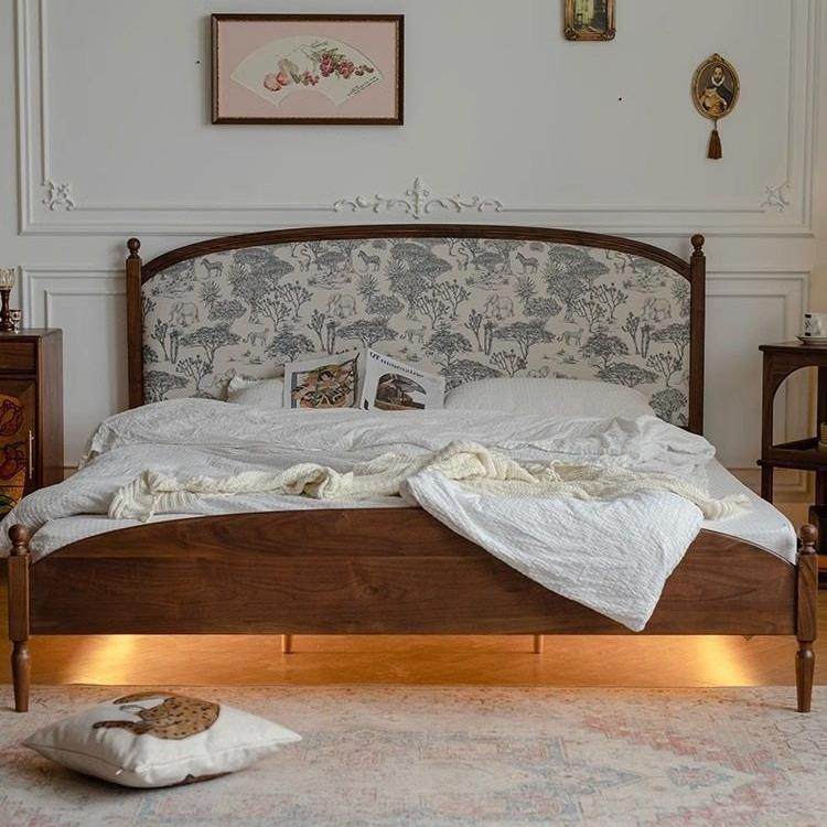 北美复古花园米软包黑胡桃木布艺简约双人床轻奢床实木家具美式