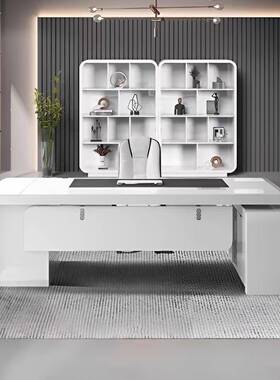 白色烤漆大班台时尚办公桌老板桌简约现代总裁桌极简经理办公桌椅