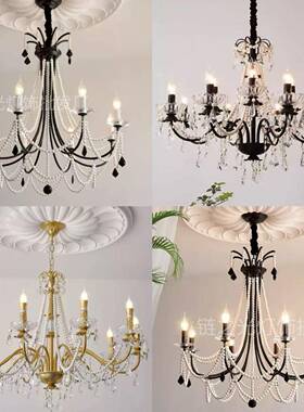 2024新款黑色高级感蜡烛水滴水晶吊灯法式奢客厅灯复古餐厅卧室灯