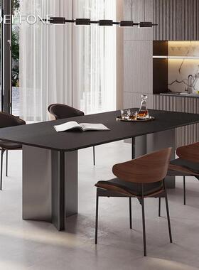 中古黑色德利丰岩板餐桌意式极简轻奢不锈钢长方形家用小户型饭桌