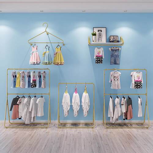 服装店货架陈列展示架装修效果图落地式挂衣杆童装店上墙双层衣架