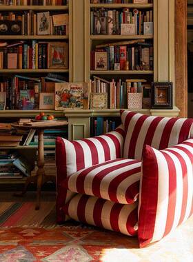 法式红蓝色条纹牛仔面料阳台单人椅客厅设计师扶手椅网红时尚单椅