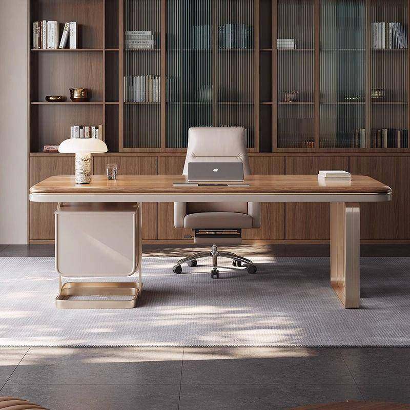 胡桃色实木书桌轻奢现代办公室办公电脑桌设计师高级感书房写字台