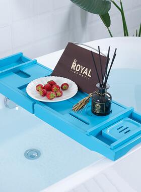 浴缸架蓝色竹伸缩泡澡架防滑浴缸置物板轻奢浴缸支架板浴缸置物架