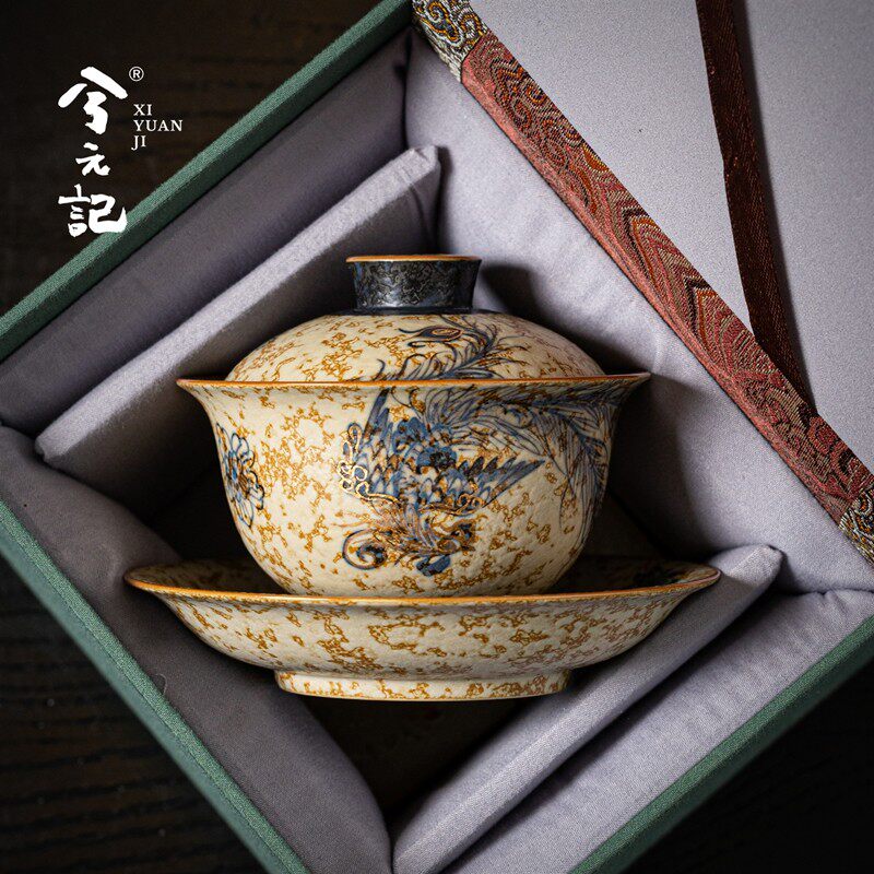 手绘青花火石凤凰三才盖碗茶杯单个高档大号茶碗带盖泡茶功夫茶具