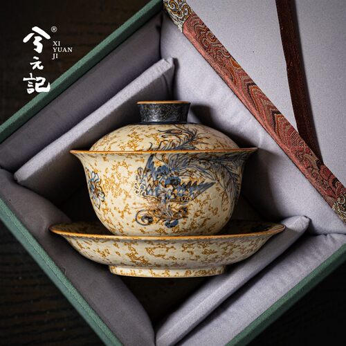 手绘青花火石凤凰三才盖碗茶杯单个高档大号茶碗带盖泡茶功夫茶具