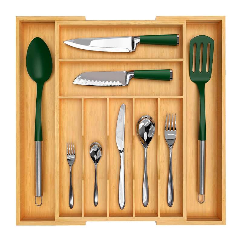 定制竹制品餐具架餐具托盘带凹槽抽屉隔板可伸缩餐具厨房用具9 槽