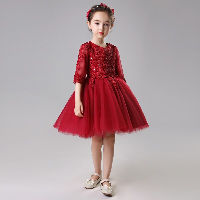 儿童晚礼服公主裙蓬蓬纱女童婚纱花童礼裙钢琴演出V服长袖酒红秋