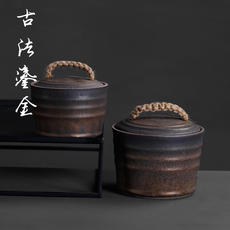 防潮粗陶茶叶罐鎏金宽口存放罐复古创意密封普洱茶饼储存罐