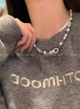 高级感灰色珍珠项链小众设计感高级气质锁骨链女夏甜酷百搭颈链潮