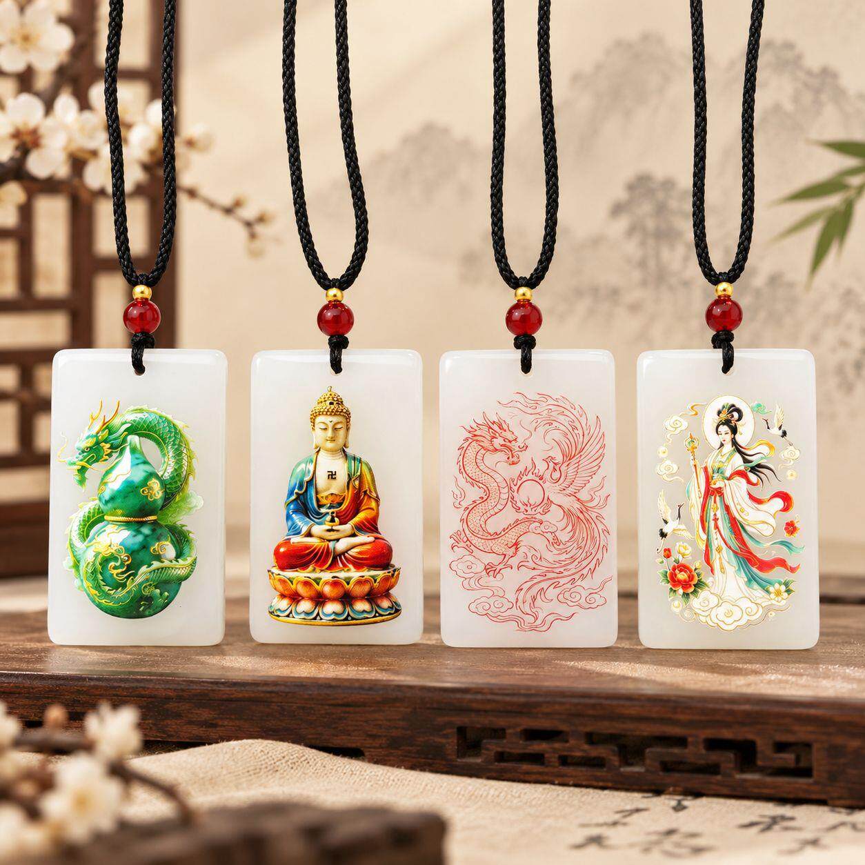 招财项链四大神兽观音关公武财神白色玻璃吊坠首饰关公吊坠