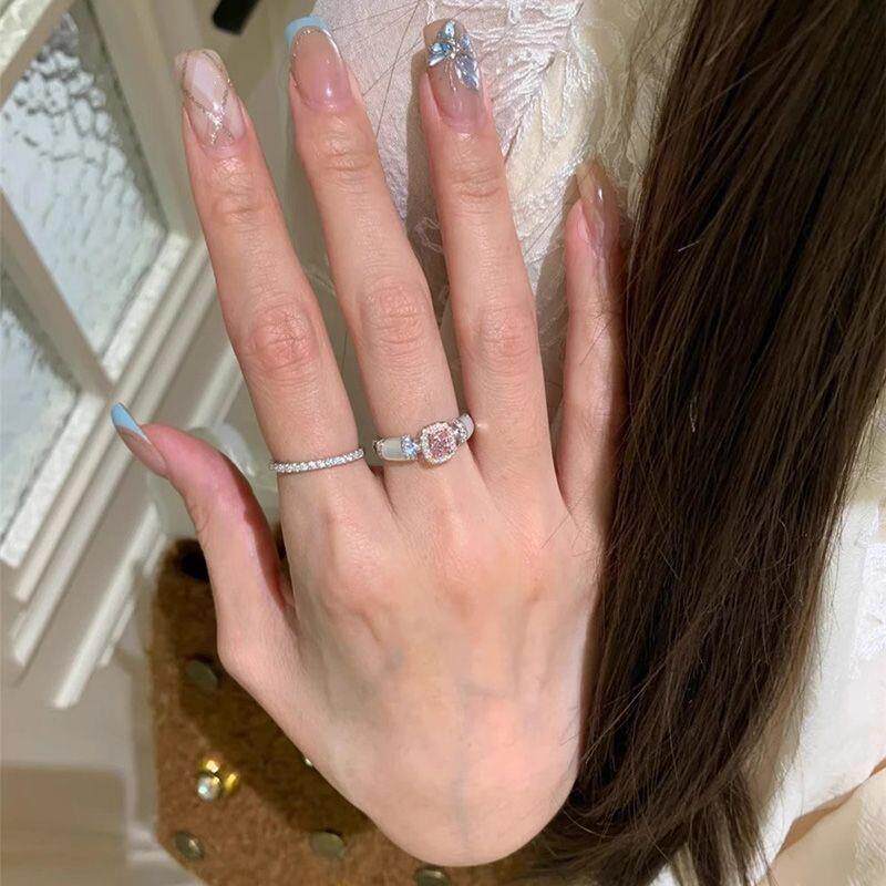 中古粉色方糖小排钻戒指女款名媛高级感轻奢千金感叠戴食指戒指环
