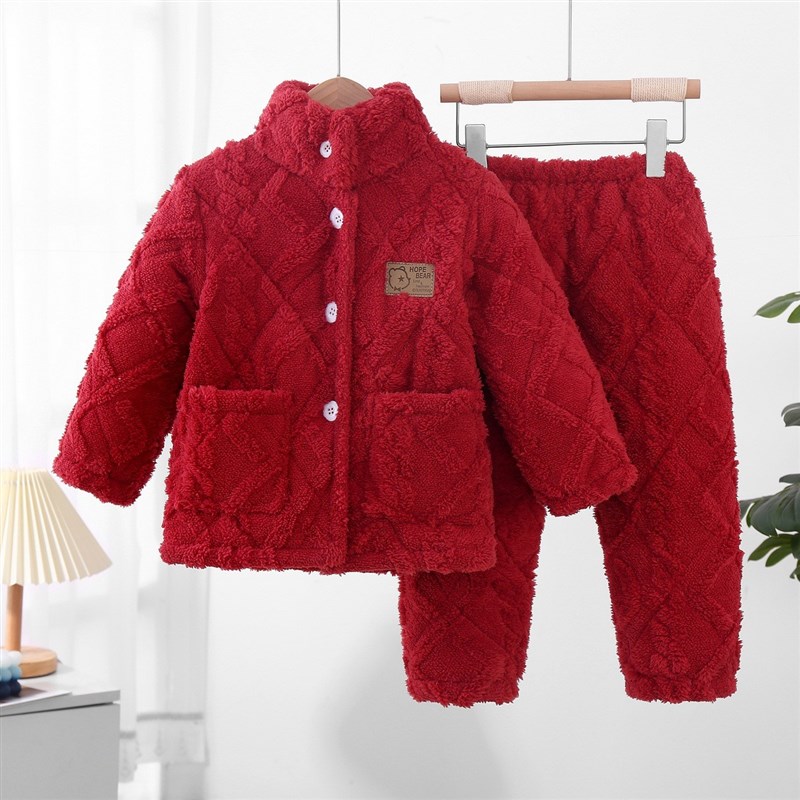 冬季女童睡衣夹棉加厚法兰绒保暖珊瑚绒男童女孩特厚装家居服儿童