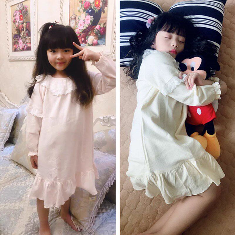 女童睡裙长袖宫廷公主薄款纯棉小女孩蕾丝睡衣宝宝家居服春秋季