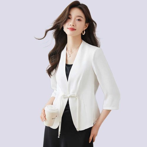 白色职业盘扣西装女2024新款小个子七分袖气质女神范休闲西服外套